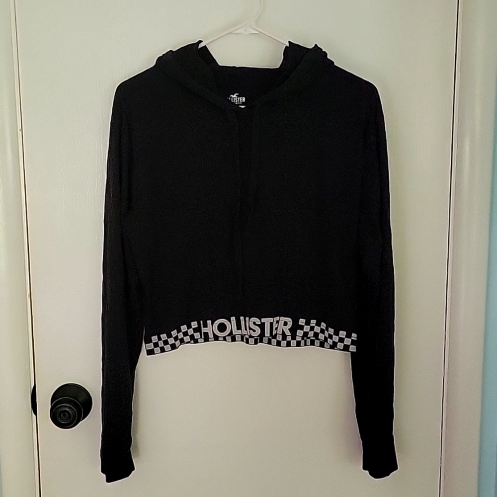Black short hooded checkered Hollister sweatshirt M